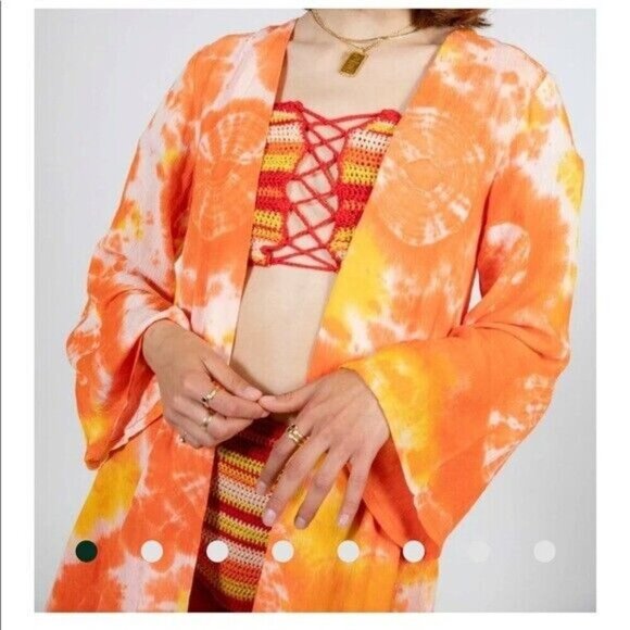 MOCHI Louma Duster Small Boho Womens Swim Cover Up Robe Top Orange Tie Dye - Picture 2 of 13